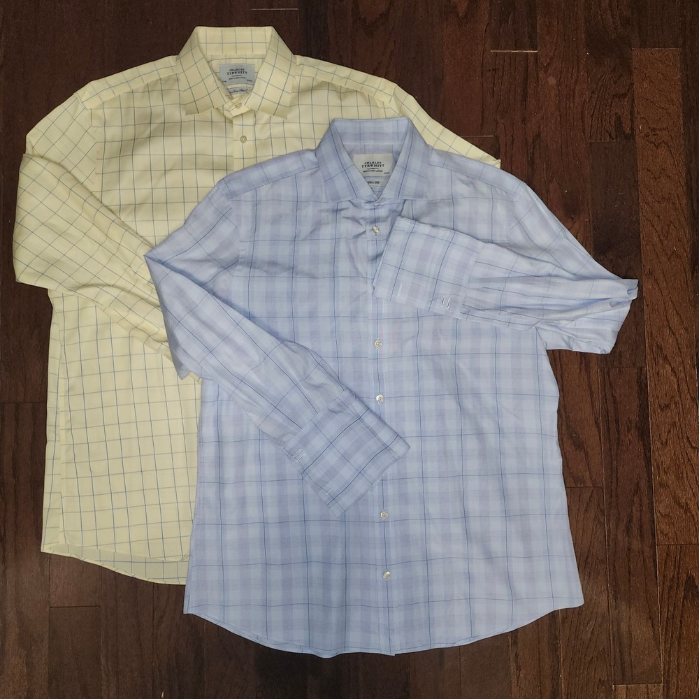 Lot of 2 Charles Tyrwhitt Mens Slim Fit Dress Shirt Blue Yellow Plaid 17 33in